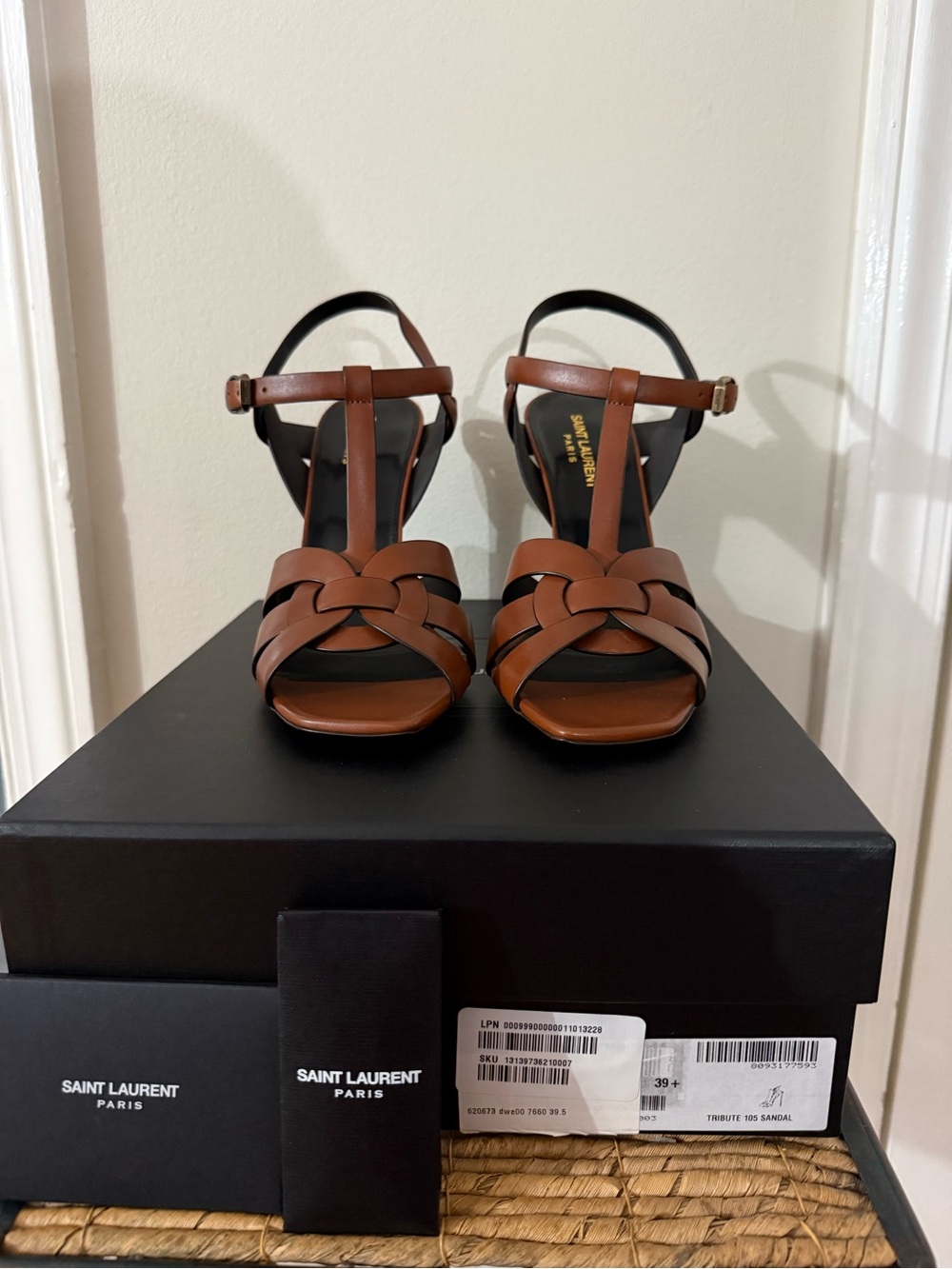 New Saint Laurent Tribute 105 Brown Woven Leather T-Strap Heel Sandal - Picture 2 of 6